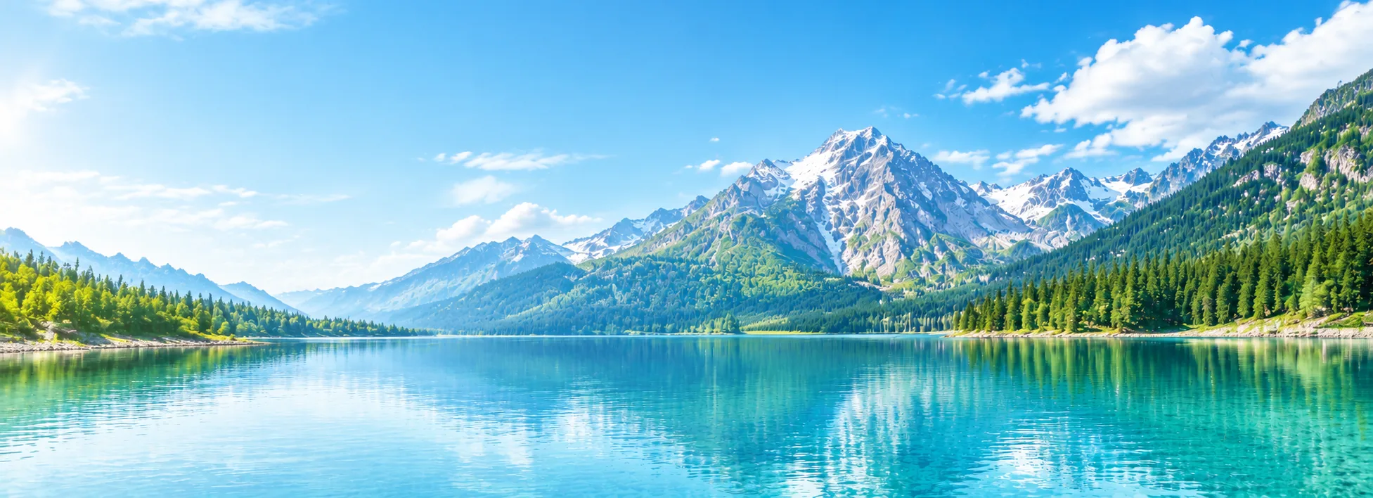 山间清澈湖面与森林景观